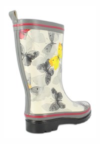 Waterdichte rubberen regenlaars met een witte basis, voorzien van een vlinderontwerp in grijs, zwart en geel, geaccentueerd door een grijze en rode band.