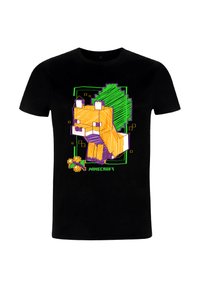 Černé tričko s pixelovým oranžovým liščím motivem. Design obsahuje zelené a fialové akcenty a na spodní části nápis "MINECRAFT".