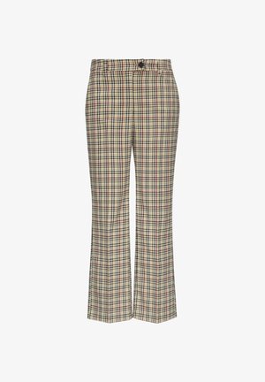 Plaid trousers in beige, with red and navy accents. Features a tailored fit, flared leg, and a button closure at the waistband.