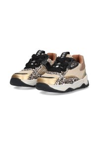 Zapatillas con una combinación de colores dorado y negro, que presentan una textura brillante de purpurina y una suela blanca resistente. Cuerdas y acentos en negro.