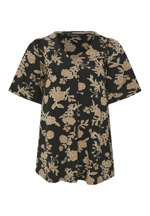 Musta lyhythihainen pusero, jossa on beige kukkakuvio, V-pääntie ja rento istuvuus.