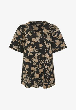 Musta lyhythihainen pusero, jossa on beige kukkakuvio, V-pääntie ja rento istuvuus.