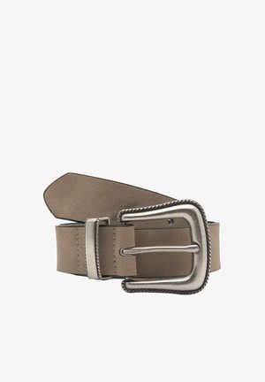 Brown leather belt with a wide, silver-tone rectangular buckle featuring a twisted edge design and visible stitching along the belt’s edge.
