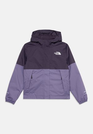Zweifarbig violette North Face Kapuzenjacke mit Fronttaschen, elastischen Bündchen und Logo auf der Brust vor weißem Hintergrund.