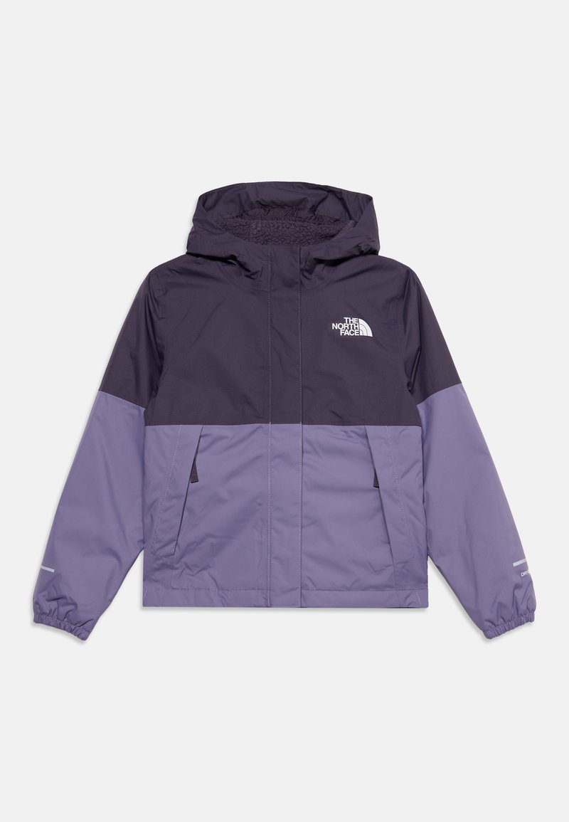 Μωβ μπουφάν North Face με κουκούλα, διχρωμίας, με μπροστινές τσέπες, ελαστικά μανσέτα και λογότυπο στο στήθος, σε λευκό φόντο.