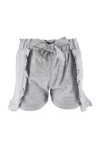 Shorts gris en tissu doux, dotés d'un ourlet latéral froncé, d'une large taille élastique et d'un accent en nœud à l'avant.