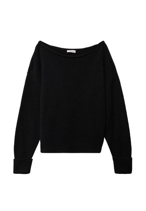 Czarny długi sweter z dzianiny z szerokim, łódkowym dekoltem oraz ściągaczami na mankietach i dole.