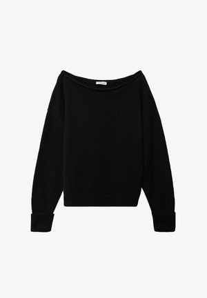 Pull en maille noire à manches longues avec un large col bateau et des poignets et un ourlet côtelés.