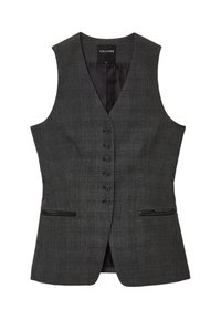 Gilet a scacchi grigio con scollo a V, chiusura con bottoni e due tasche laterali. Realizzato in tessuto testurizzato con una fodera interna liscia.