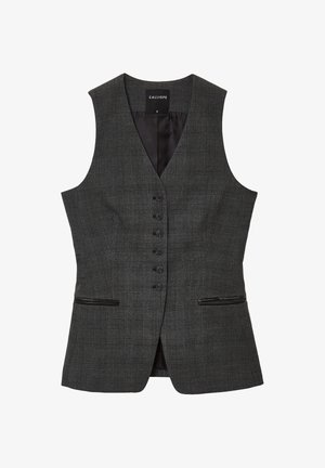 Gilet a scacchi grigio con scollo a V, chiusura con bottoni e due tasche laterali. Realizzato in tessuto testurizzato con una fodera interna liscia.