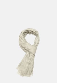 Sciarpa beige realizzata in materiale morbido, con un motivo logo discreto, dettagli con frange alle estremità e forma rettangolare.