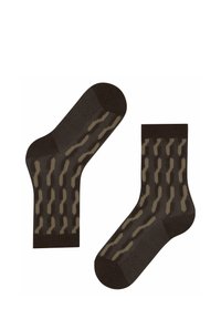 Braun gemusterte Socken mit einem geometrischen Design in helleren Farbtönen. Weicher Stoff, mit einer standardmäßigen Crew-Länge und glatter Textur.