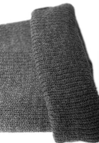 Gray knitted fabric with a thick, textured appearance, featuring a rolled edge and subtle horizontal ribbing pattern.