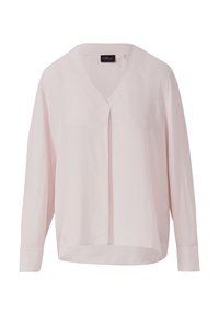 Blouse rose clair à manches longues avec col en V et patte de boutonnage cachée, coupe ample et ourlet légèrement arrondi.