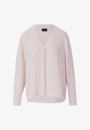 Helles rosa Langarmbluse mit V-Ausschnitt und verdeckter Knopfleiste, lockerer Schnitt und leicht abgerundetem Saum.