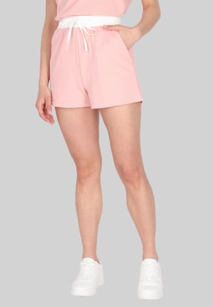 Roze shorts van zacht materiaal, met een elastische witte tailleband met trekkoord, zijzakken en een relaxed fit.
