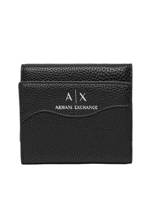 Portafoglio in pelle nera con superficie testurizzata; presenta il logo embossato "A|X" e "ARMANI EXCHANGE" in argento. Forma rettangolare compatta.
