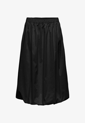 Melnas svārki, kas izgatavoti no viegla auduma. Elastīga josta ar savilktiem tekstūru, līdz ceļiem, gluda virsma, nav papildu rakstu vai akcentu.