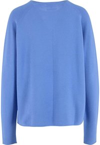 Maglione blu lavorato a maglia con maniche lunghe, dotato di un collo rotondo, texture a coste e un design della schiena senza cuciture.