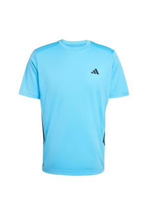 Light blue athletic t-shirt with short sleeves, made of moisture-wicking fabric. Features black side accents and a small logo on the chest.