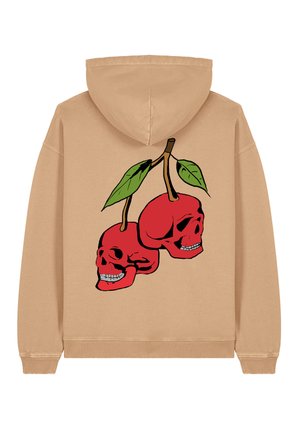 Beige hoodie featuring a graphic of two red cherries with skulls in place of fruit and green leaves, displayed on the back.