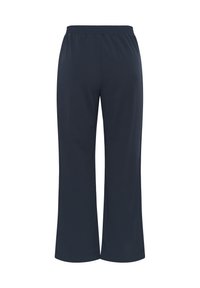 Donkerblauwe casual broek met elastische tailleband en rechte pijpen, van achteren gezien op een witte achtergrond.