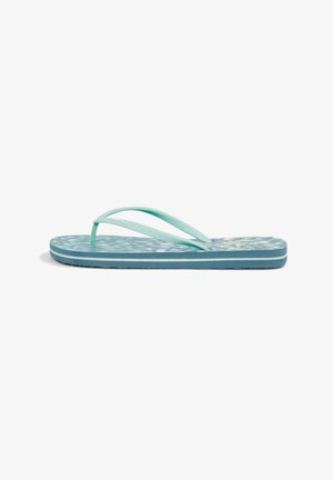 Helles blaues Flip-Flop mit strukturiertem Muster auf der Sohle. Dünne Riemen in passender Farbe, leichte Sohlenhöhe und keine sichtbaren Beschläge.
