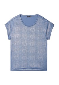 Blauwe top met korte mouwen, gemaakt van textiel met een subtiele glans. Heeft een ronde halslijn en een ontspannen pasvorm.