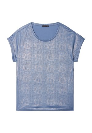 Blauwe top met korte mouwen, gemaakt van textiel met een subtiele glans. Heeft een ronde halslijn en een ontspannen pasvorm.