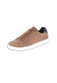 Brown leather sneaker with a rounded toe, lace-up front, white rubber sole, and subtle wing pattern on the side. Black accent at the heel.