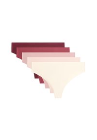 Päť párů dámskych tang v rôznych odtieňoch: tmavá burgundská, tmavá ružová, svetlá ružová, bledá ružová a krémová. Mäkká, hladká tkanina, minimálny dizajn.