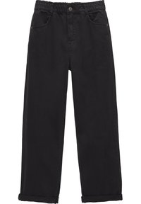 Svarta bomullenbyxor med elastisk midja, rak passform, två sidofickor och upprullade fållar. Slät textur, minimala detaljer.