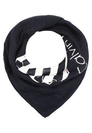 Dark navy blue triangular scarf with white striped and partially visible white text design along one edge.