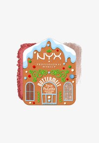 Buttermelt Face Palette fra NYX; formet som et peberkagehus i brun farve med farverige accenter, teksturerede overflader og tre makeuppigmenter inkluderet.