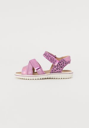 Sandali rosa con cinturini glitterati e dettagli in stampa leopardata. Dotati di chiusure in Velcro e suola in gomma bianca flessibile.