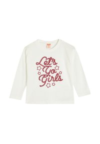 Valkoinen pitkähihainen t-paita, jossa on punaisella kimaltelevaan kursiivikirjoitukseen "Let's Go Girls" ja tähtikoristeita, valmistettu pehmeästä puuvillakankaasta.