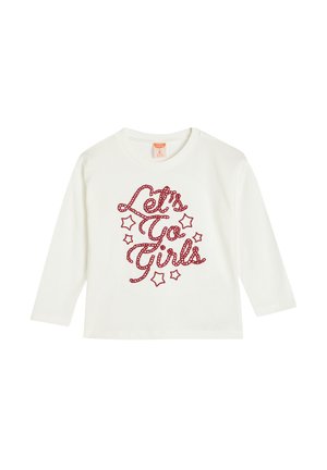 Biała, długoopakowa koszulka z długim rękawem z czerwonym, błyszczącym, kursywą napisem "Let's Go Girls" oraz akcentami w postaci gwiazdek, wykonana z miękkiej bawełny.