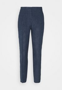 Pantalons en lin bleu foncé avec une coupe ajustée, devant plat et plis bien repassés. Comprend des poches latérales et une fermeture éclair.