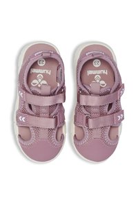 Purple mesh sandals with two adjustable straps and a white rubber sole. Features a rounded toe and cut-out detailing for ventilation.