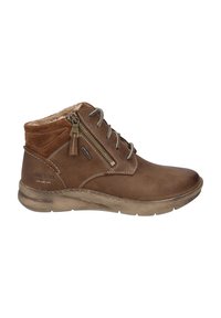 Bottines en cuir marron avec un doublage intérieur doux, un système de laçage à l'avant, une fermeture éclair sur le côté et une semelle en caoutchouc flexible. Présente des coutures contrastées.