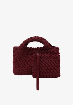 Burgundy woven handbag with a structured shape, featuring a small front pocket and a top handle. Smooth texture with a braided design.