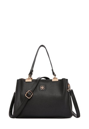 Zwarte leren handtas met een steentextuur, dubbele bovenhandvatten, afneembare schouderband, gouden hardware en gegraveerd logo detail.