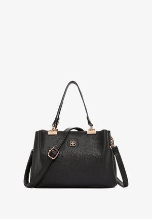 Borsa a mano in pelle nera con texture a ciottoli, doppi manici superiori, tracolla removibile, hardware in tono oro e dettaglio logo impresso.