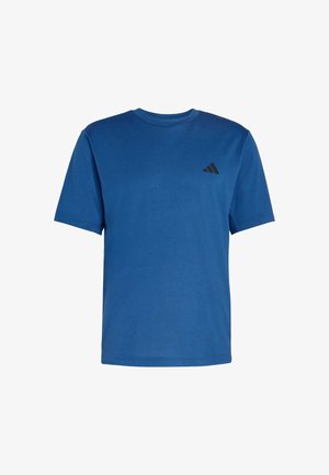 Blue cotton t-shirt with short sleeves, round neck, and black logo detail on front left chest. Smooth texture, classic fit.