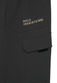 Donkergrijze cargoshorts met grote, schuine voorzakken en een gestikt label met de tekst "HALO 196819721981" in gouden letters.