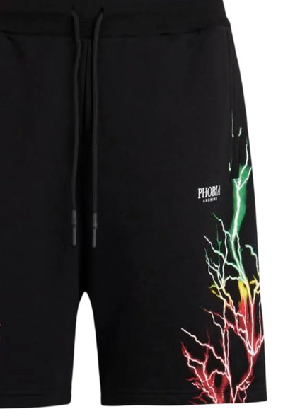 Pantaloni neri con vita regolabile tramite cordoncino. Design grafico notevole con motivi a fulmine in verde, giallo e rosso su un lato.