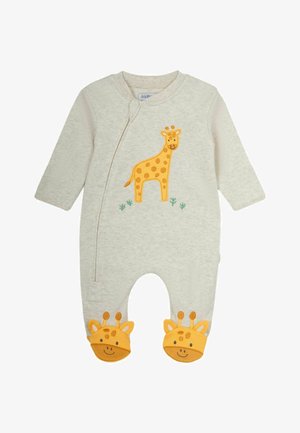 Šviesiai pilkas džemperis ilgomis rankovėmis, su geltonu žirafos dizainu ir dėmėmis, bei geltonomis žirafos veido detalėmis ant kojų.