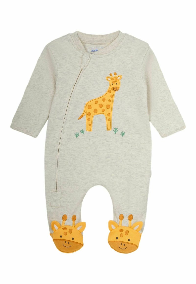 Hellgrauer Overall mit langen Ärmeln, der ein gelbes Giraffenmotiv mit Flecken und gelbe Giraffengesicht-Akzente an den Füßen zeigt.