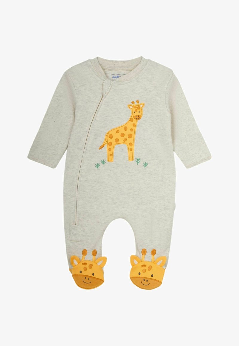 Hellgrauer Overall mit langen Ärmeln, der ein gelbes Giraffenmotiv mit Flecken und gelbe Giraffengesicht-Akzente an den Füßen zeigt.