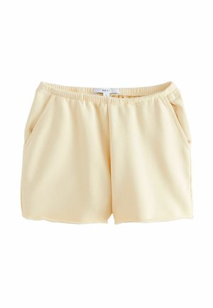 Shorts jaunes en tissu doux avec une taille élastique, poches latérales et une coupe droite. Texture lisse et détails de couture minimaux.